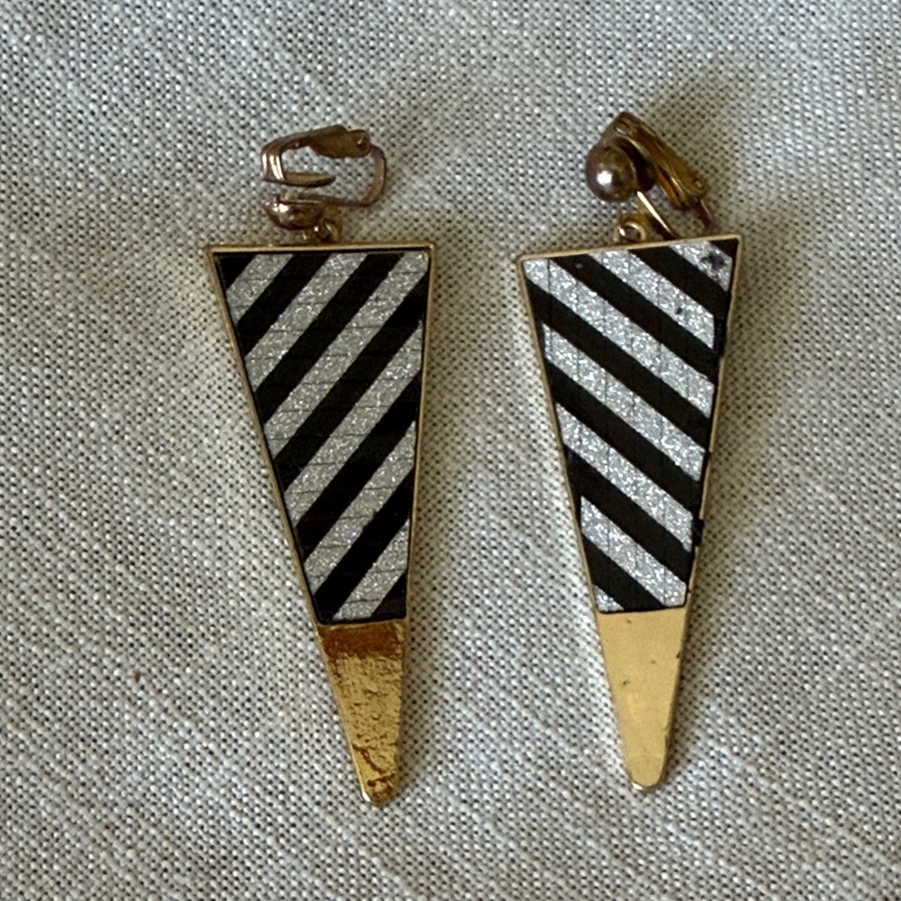 Striped black and silver striped Gold Triangle Earrings clip on earrings